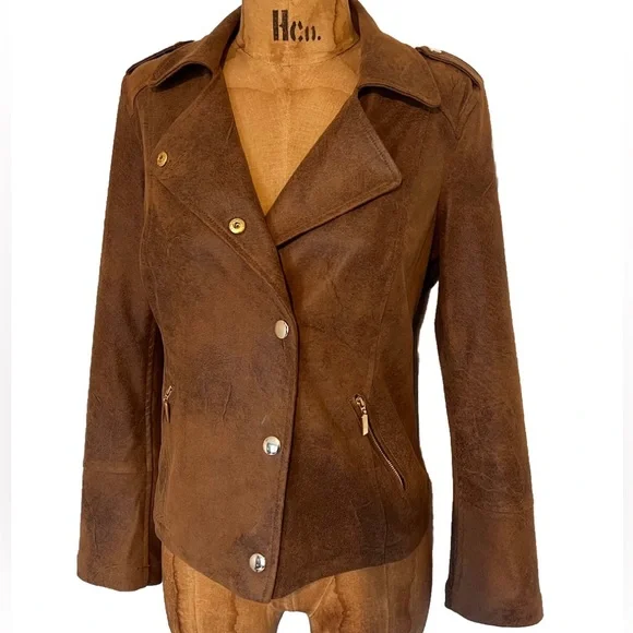 Chico's Brown Leather Jacket Asymmetrical Zip Notched Lapel - Picture 3 of 12